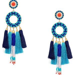 NWT Rebecca Minkoff Blue Tassel Beaded Hoop Drop Earrings